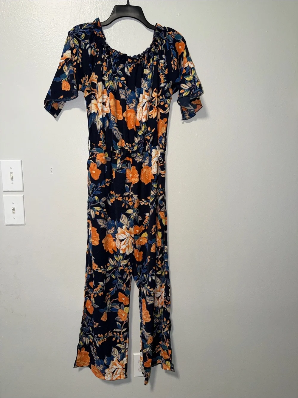SHEIN Navy Floral Off-Shoulder Jumpsuit with Orange Blooms - Picture 1 of 8